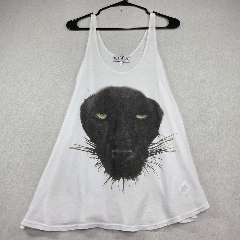 Wildfox Black Panther Graphic Tank Top S White Cotton Flowy Scoop Neck Relaxed